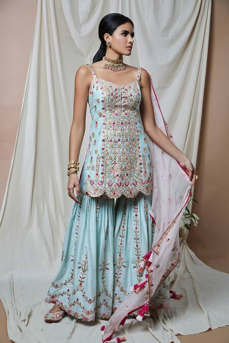 Buy Tamanna Punjabi Kapoor Blue Chanderi, Organza Lining Cotton Gota, Embroidered Kurta Gharara Set Online at Aza Fashions Buy_Tamanna Punjabi Kapoor_Blue Chanderi, Organza Lining Cotton Gota, Embroidered Kurta Gharara Set _Online_at_Aza_Fashions