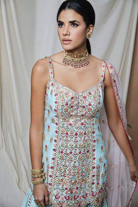 Shop Tamanna Punjabi Kapoor Blue Chanderi, Organza Lining Cotton Gota, Embroidered Kurta Gharara Set Online at Aza Fashions Shop_Tamanna Punjabi Kapoor_Blue Chanderi, Organza Lining Cotton Gota, Embroidered Kurta Gharara Set _Online_at_Aza_Fashions