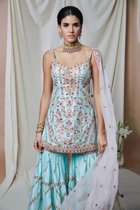 Tamanna Punjabi Kapoor Blue Chanderi, Organza Lining Cotton Gota, Embroidered Kurta Gharara Set Online at Aza Fashions Tamanna Punjabi Kapoor_Blue Chanderi, Organza Lining Cotton Gota, Embroidered Kurta Gharara Set _Online_at_Aza_Fashions