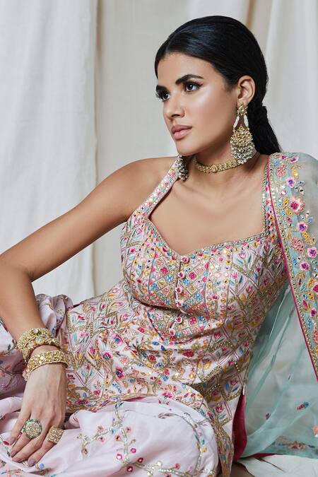 Shop Tamanna Punjabi Kapoor Pink Chanderi, Organza Lining Cotton Gota, Embroidered Kurta Sharara Set Online at Aza Fashions Shop_Tamanna Punjabi Kapoor_Pink Chanderi, Organza Lining Cotton Gota, Embroidered Kurta Sharara Set _Online_at_Aza_Fashions