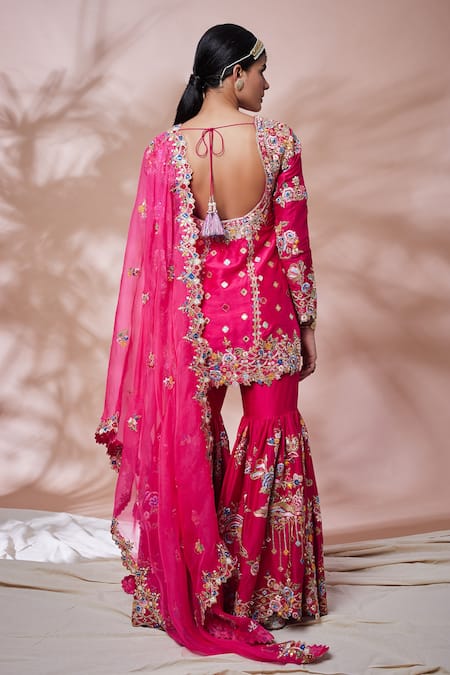 Tamanna Punjabi Kapoor_Pink Silk, Organza Lining Crepe Gota, Resham, Embroidered Kurta Gharara Set _Online_at_Aza_Fashions