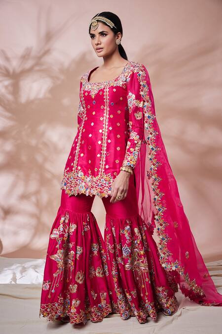 Buy_Tamanna Punjabi Kapoor_Pink Silk, Organza Lining Crepe Gota, Resham, Embroidered Kurta Gharara Set _Online_at_Aza_Fashions