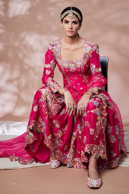 Shop_Tamanna Punjabi Kapoor_Pink Silk, Organza Lining Crepe Gota, Resham, Embroidered Kurta Gharara Set _Online_at_Aza_Fashions