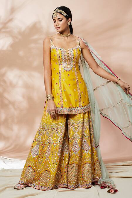 Buy_Tamanna Punjabi Kapoor_Yellow Chanderi, Organza Lining Crepe Gota, Embroidered Kurta Gharara Set _Online_at_Aza_Fashions
