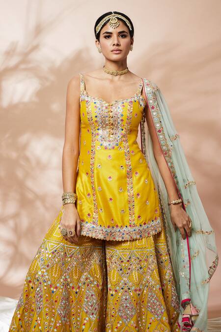 Shop_Tamanna Punjabi Kapoor_Yellow Chanderi, Organza Lining Crepe Gota, Embroidered Kurta Gharara Set _Online_at_Aza_Fashions