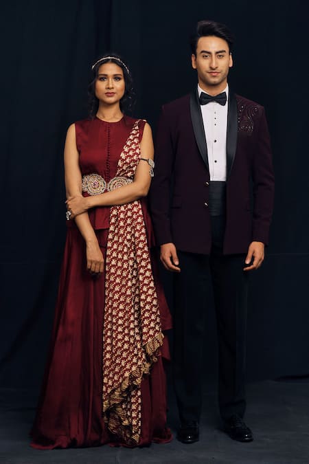 Shop_Soniya G_Maroon Italian Crepe Embroidered Tuxedo And Pant Set _Online_at_Aza_Fashions