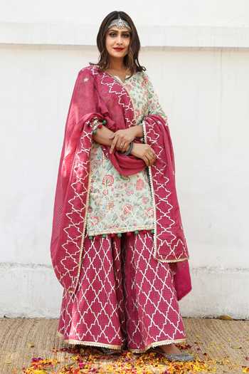 Gulabo Jaipur_Green Ruqaiya Cotton Silk Kurta Sharara Set_Online_at_Aza_Fashions