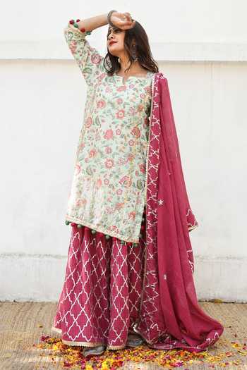 Buy_Gulabo Jaipur_Green Ruqaiya Cotton Silk Kurta Sharara Set_Online_at_Aza_Fashions