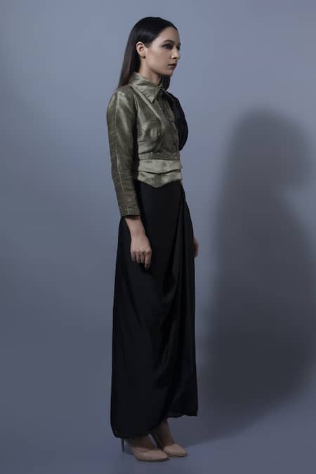 Shop Rishi and Vibhuti Black Raw Silk, Double Georgette Shirt Collar Draped And Skirt Set at Aza Fashions Shop_Rishi and Vibhuti_Black Raw Silk, Double Georgette Shirt Collar Draped And Skirt Set _at_Aza_Fashions