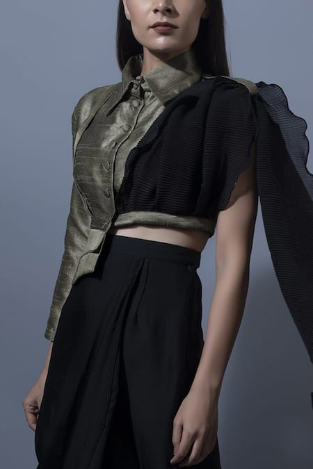 Rishi and Vibhuti Black Raw Silk, Double Georgette Shirt Collar Draped And Skirt Set Online at Aza Fashions Rishi and Vibhuti_Black Raw Silk, Double Georgette Shirt Collar Draped And Skirt Set _Online_at_Aza_Fashions