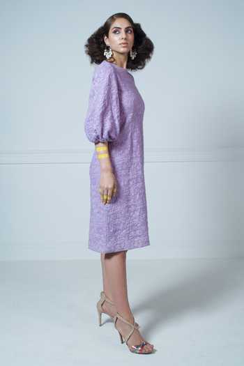 Rishi and Vibhuti_Purple Cotton Embossed Midi Dress_Online_at_Aza_Fashions