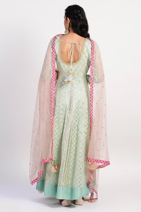 Shop Rishi and Vibhuti Green Net, Chanderi, Dupion U Neck Pleated Anarkali With Dupatta at Aza Fashions Shop_Rishi and Vibhuti_Green Net, Chanderi, Dupion U Neck Pleated Anarkali With Dupatta _at_Aza_Fashions