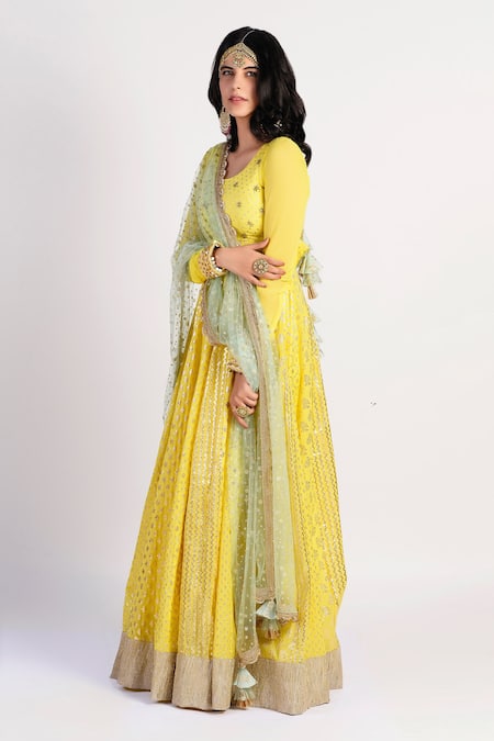 Rishi and Vibhuti Yellow Net, Chanderi, Georgette U Neck Anarkali With Dupatta Online at Aza Fashions Rishi and Vibhuti_Yellow Net, Chanderi, Georgette U Neck Anarkali With Dupatta _Online_at_Aza_Fashions