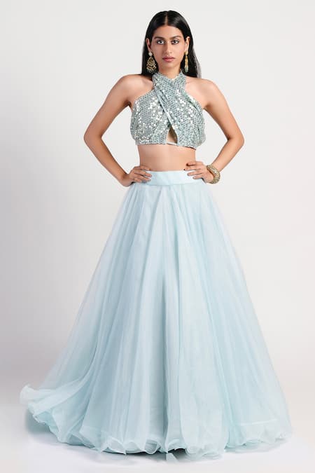 Rishi and Vibhuti Blue Organza Kalidar Lehenga Set 