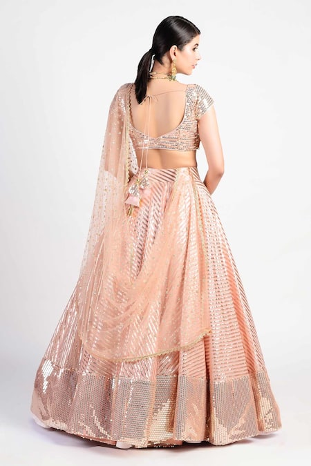 Shop_Rishi And Vibhuti_Peach Net, Chanderi Embroidered Lehenga Set _at_Aza_Fashions