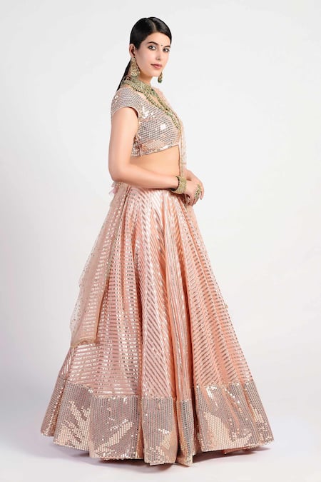 Rishi And Vibhuti_Peach Net, Chanderi Embroidered Lehenga Set _Online_at_Aza_Fashions