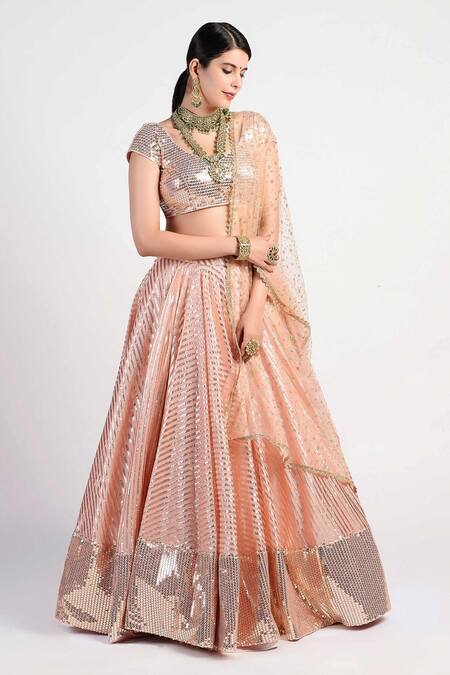 Buy_Rishi And Vibhuti_Peach Net, Chanderi Embroidered Lehenga Set _Online_at_Aza_Fashions