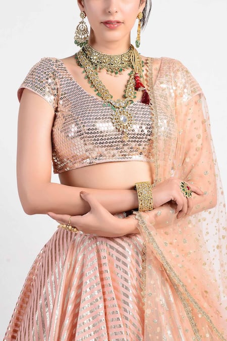 Rishi And Vibhuti_Peach Net, Chanderi Embroidered Lehenga Set _at_Aza_Fashions