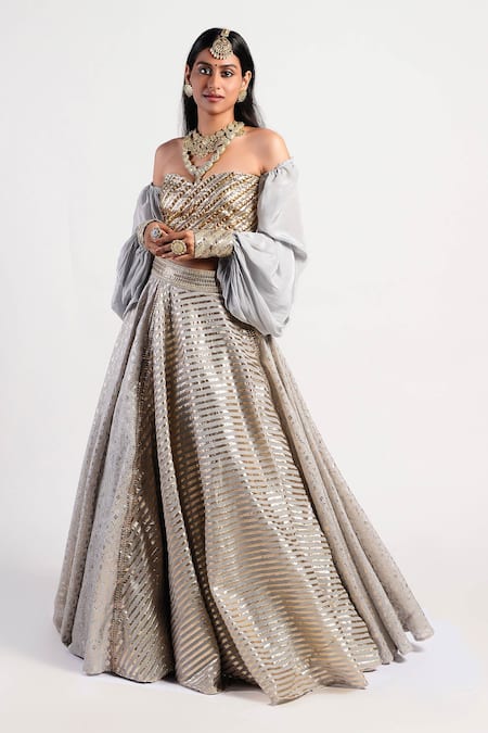 Rishi and Vibhuti Grey Chanderi, Crepe Embroidered Lehenga Set Online at Aza Fashions Rishi and Vibhuti_Grey Chanderi, Crepe Embroidered Lehenga Set _Online_at_Aza_Fashions