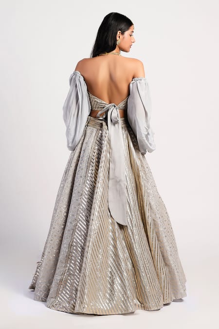 Shop Rishi and Vibhuti Grey Chanderi, Crepe Embroidered Lehenga Set at Aza Fashions Shop_Rishi and Vibhuti_Grey Chanderi, Crepe Embroidered Lehenga Set _at_Aza_Fashions