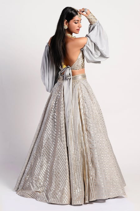 Buy Rishi and Vibhuti Grey Chanderi, Crepe Embroidered Lehenga Set Online at Aza Fashions Buy_Rishi and Vibhuti_Grey Chanderi, Crepe Embroidered Lehenga Set _Online_at_Aza_Fashions