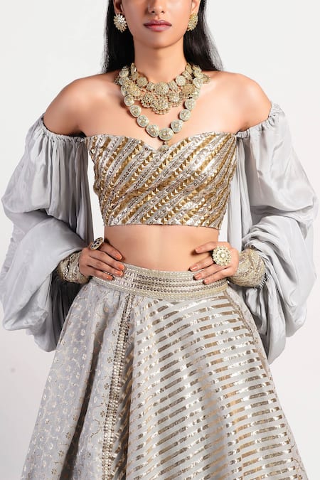 Shop Rishi and Vibhuti Grey Chanderi, Crepe Embroidered Lehenga Set Online at Aza Fashions Shop_Rishi and Vibhuti_Grey Chanderi, Crepe Embroidered Lehenga Set _Online_at_Aza_Fashions