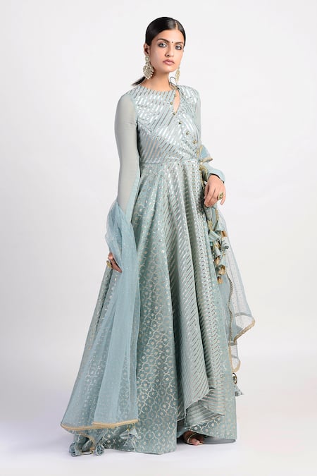 Rishi and Vibhuti Blue Chanderi, Crepe, Georgette Embroidered Anarkali Palazzo Set 
