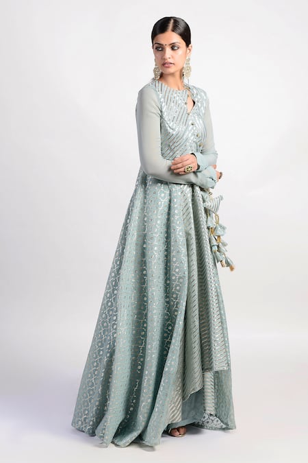 Rishi and Vibhuti Blue Chanderi, Crepe, Georgette Embroidered Anarkali Palazzo Set Online at Aza Fashions Rishi and Vibhuti_Blue Chanderi, Crepe, Georgette Embroidered Anarkali Palazzo Set _Online_at_Aza_Fashions