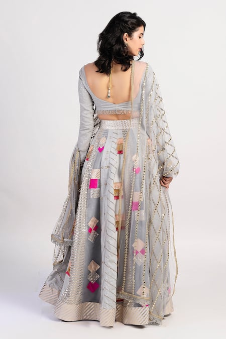 Shop Rishi and Vibhuti Grey Net, Chanderi Embroidered Lehenga Set at Aza Fashions Shop_Rishi and Vibhuti_Grey Net, Chanderi Embroidered Lehenga Set _at_Aza_Fashions