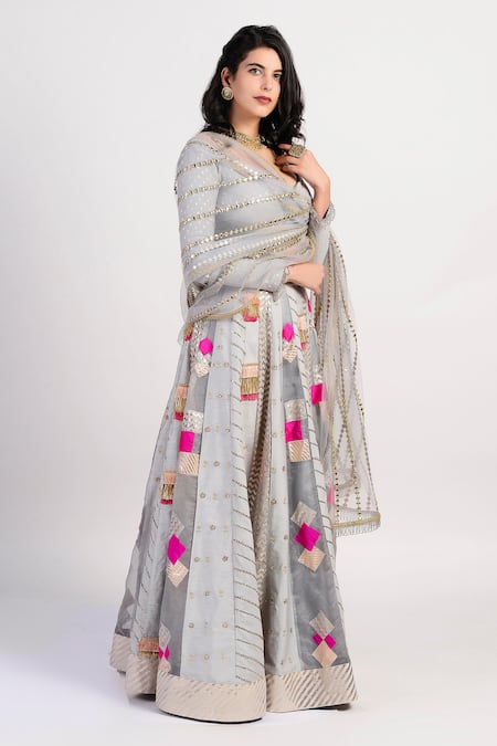 Rishi and Vibhuti Grey Net, Chanderi Embroidered Lehenga Set Online at Aza Fashions Rishi and Vibhuti_Grey Net, Chanderi Embroidered Lehenga Set _Online_at_Aza_Fashions