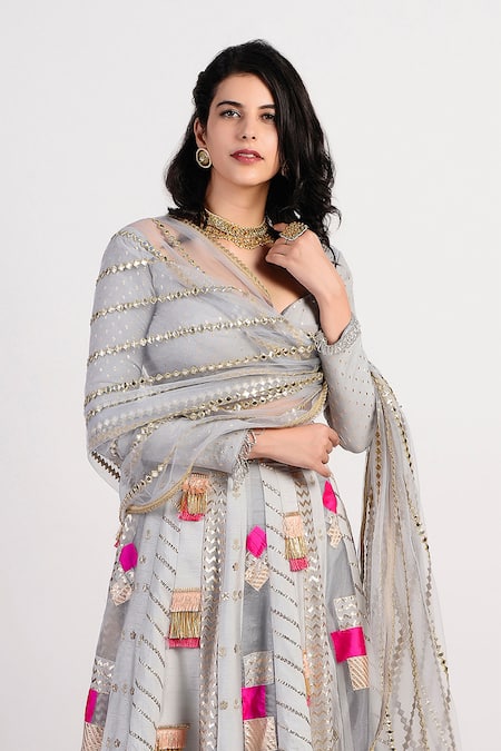 Buy Rishi and Vibhuti Grey Net, Chanderi Embroidered Lehenga Set Online at Aza Fashions Buy_Rishi and Vibhuti_Grey Net, Chanderi Embroidered Lehenga Set _Online_at_Aza_Fashions
