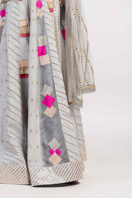 Rishi and Vibhuti Grey Net, Chanderi Embroidered Lehenga Set at Aza Fashions Rishi and Vibhuti_Grey Net, Chanderi Embroidered Lehenga Set _at_Aza_Fashions