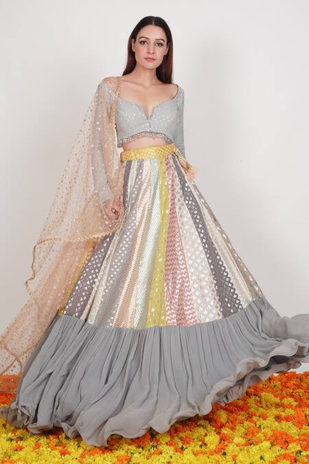 Rishi and Vibhuti Grey Embroidered Chanderi Lehenga Set