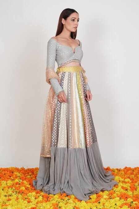 Rishi and Vibhuti_Grey Embroidered Chanderi Lehenga Set_Online_at_Aza_Fashions