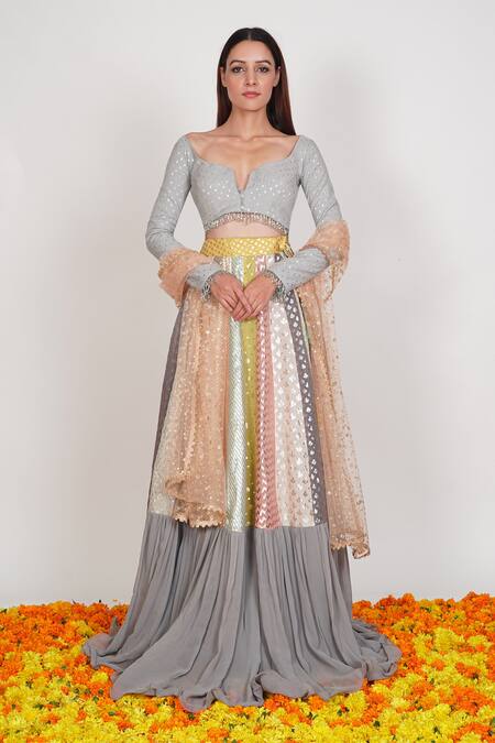 Buy_Rishi and Vibhuti_Grey Embroidered Chanderi Lehenga Set_Online_at_Aza_Fashions