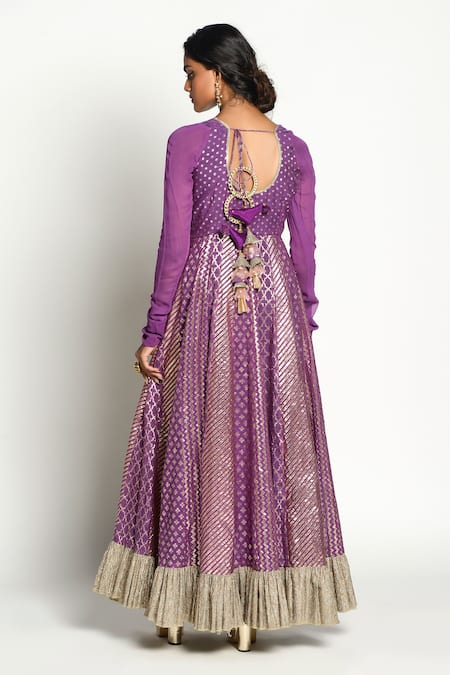 Shop_Rishi And Vibhuti_Purple Net, Chanderi Round Rudrama Anarkali With Dupatta _at_Aza_Fashions