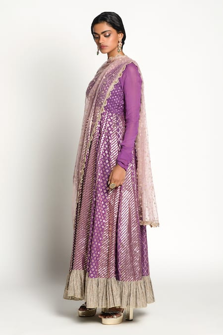 Rishi And Vibhuti_Purple Net, Chanderi Round Rudrama Anarkali With Dupatta _Online_at_Aza_Fashions