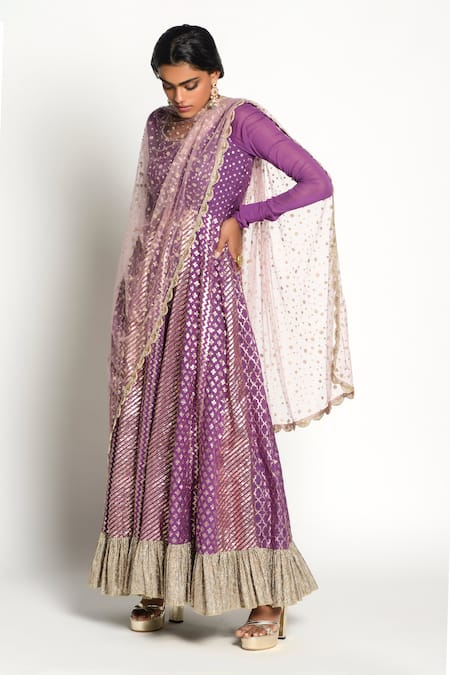 Buy_Rishi And Vibhuti_Purple Net, Chanderi Round Rudrama Anarkali With Dupatta _Online_at_Aza_Fashions