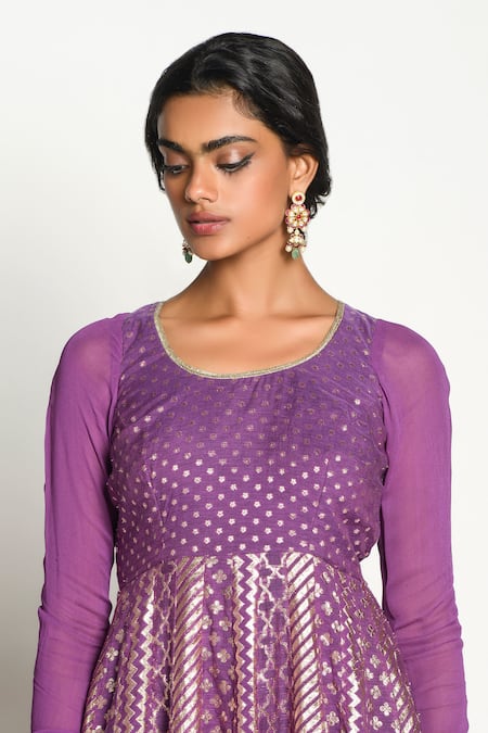Shop_Rishi And Vibhuti_Purple Net, Chanderi Round Rudrama Anarkali With Dupatta _Online_at_Aza_Fashions