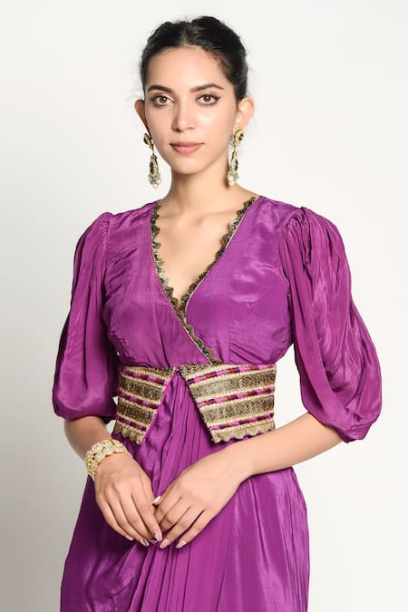 Rishi and Vibhuti_Purple Crepe, Dupion V Neck Aalia Draped Dress With Belt _Online_at_Aza_Fashions
