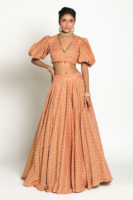 Rishi & Vibhuti Orange Mosaic Jacquard Fabric Embroidery V Neck Geometric Motif Skirt Set