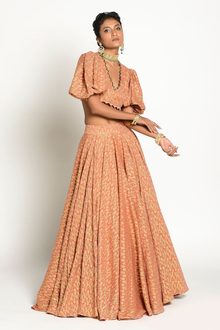 Rishi and Vibhuti_Orange Mosaic Jacquard Fabric V Neck Geometric Motif Skirt Set_Online_at_Aza_Fashions