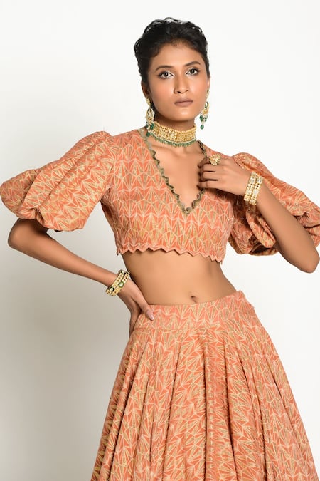 Buy_Rishi and Vibhuti_Orange Mosaic Jacquard Fabric V Neck Geometric Motif Skirt Set_Online_at_Aza_Fashions
