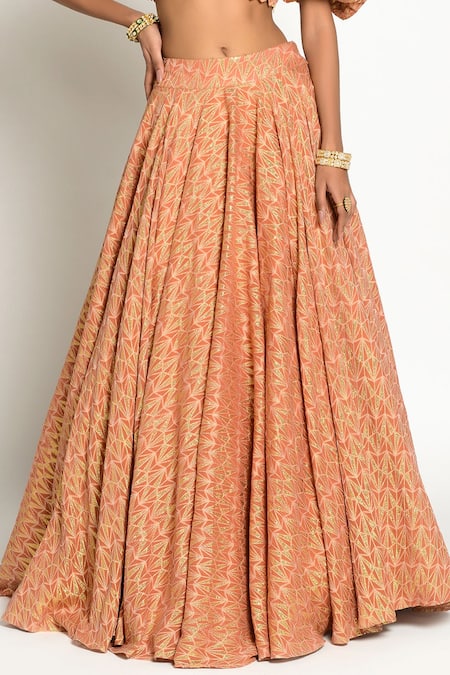Shop_Rishi and Vibhuti_Orange Mosaic Jacquard Fabric V Neck Geometric Motif Skirt Set_Online_at_Aza_Fashions