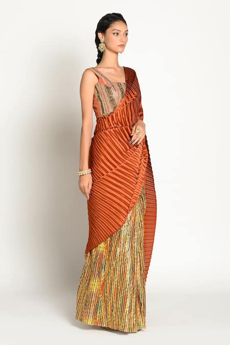 Rishi and Vibhuti Multi Color Chanderi, Pleated Satin And Saree Online at Aza Fashions Rishi and Vibhuti_Multi Color Chanderi, Pleated Satin And Saree _Online_at_Aza_Fashions