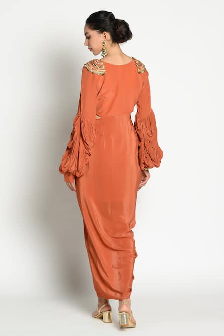 Shop Rishi and Vibhuti Orange Crepe V Neck Draped Gown at Aza Fashions Shop_Rishi and Vibhuti_Orange Crepe V Neck Draped Gown _at_Aza_Fashions