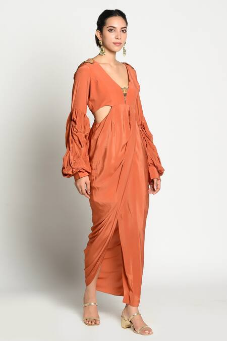 Rishi and Vibhuti Orange Crepe V Neck Draped Gown Online at Aza Fashions Rishi and Vibhuti_Orange Crepe V Neck Draped Gown _Online_at_Aza_Fashions