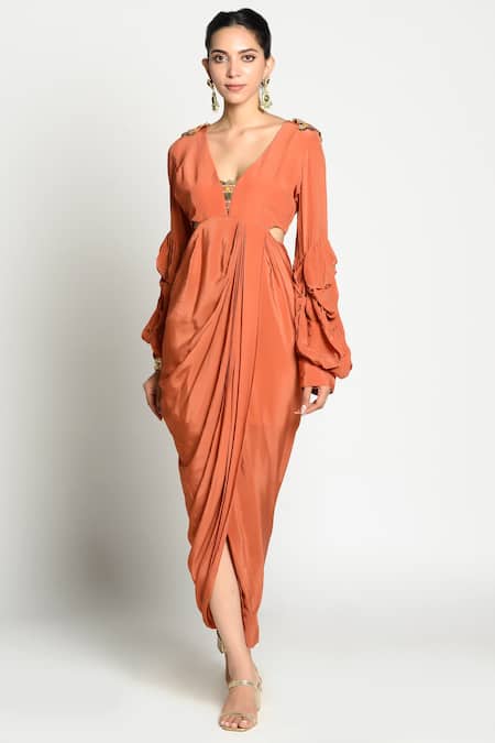 Buy Rishi and Vibhuti Orange Crepe V Neck Draped Gown Online at Aza Fashions Buy_Rishi and Vibhuti_Orange Crepe V Neck Draped Gown _Online_at_Aza_Fashions