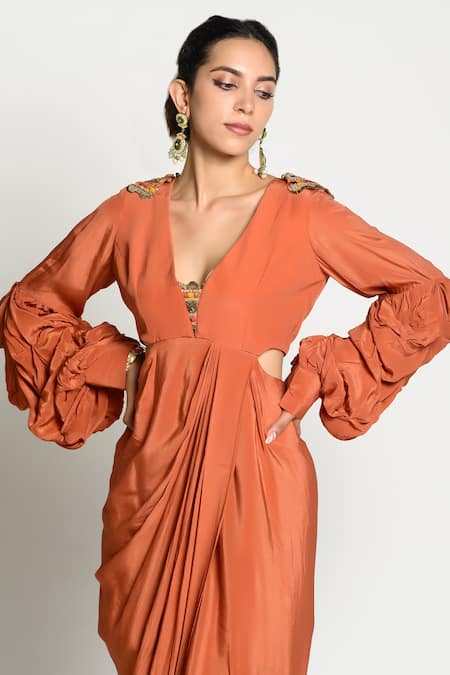 Shop Rishi and Vibhuti Orange Crepe V Neck Draped Gown Online at Aza Fashions Shop_Rishi and Vibhuti_Orange Crepe V Neck Draped Gown _Online_at_Aza_Fashions