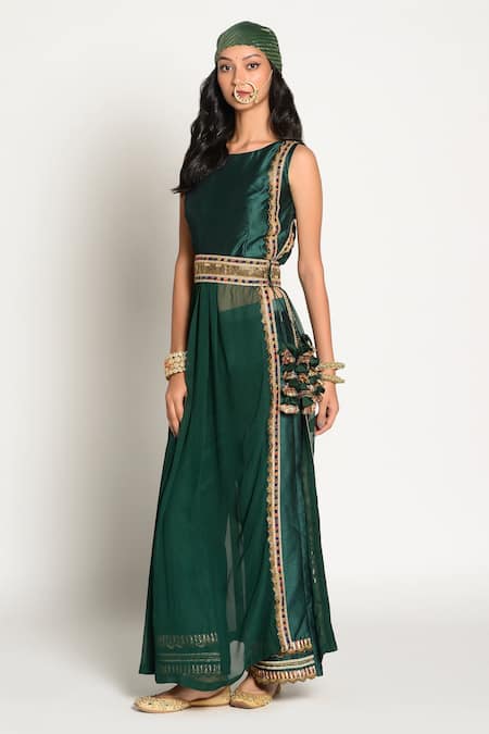 Rishi and Vibhuti_Green Georgette, Dupion Round Pleated Tunic And Pant Set _Online_at_Aza_Fashions